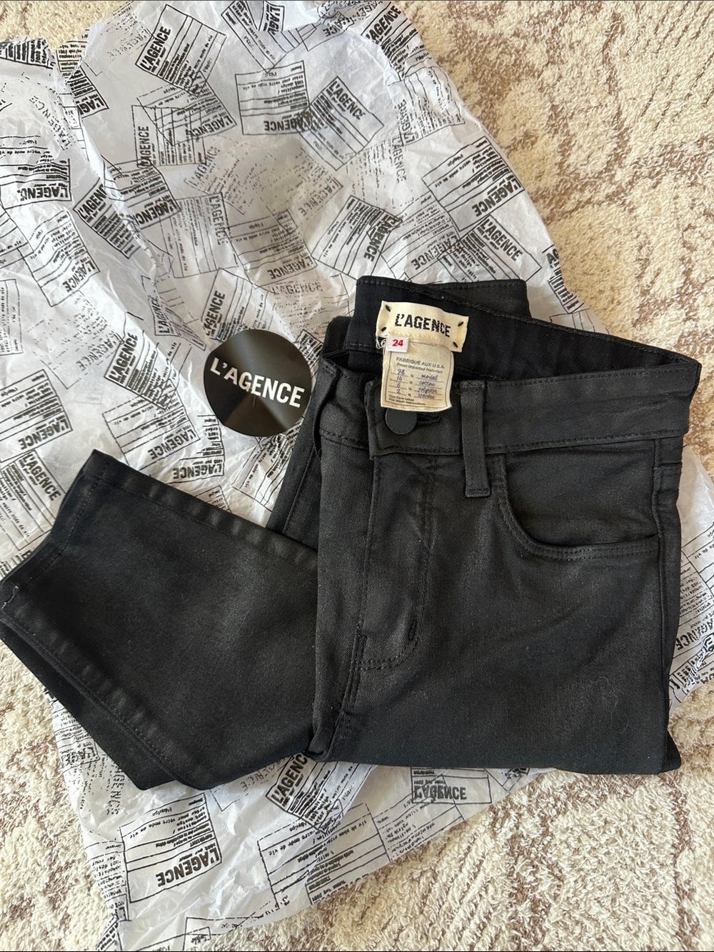 L’AGENCE Black Coated Skinny Jeans Size 24 Leather Luxe new never worn